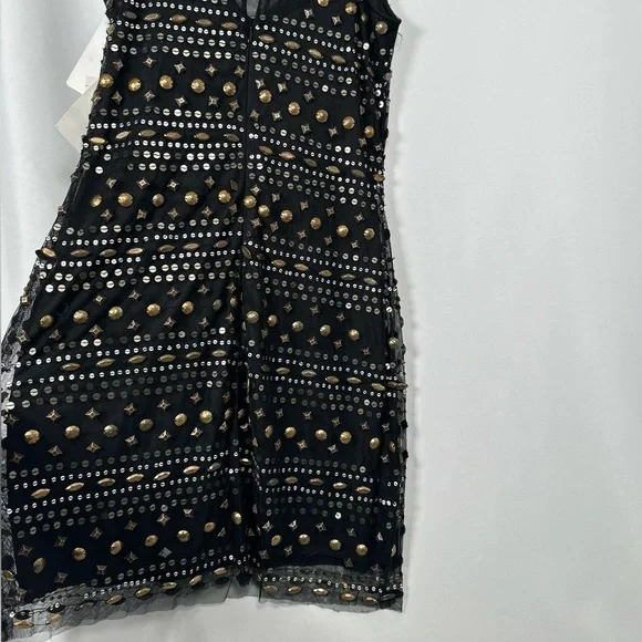 🅽🅴🆆 Badgley Mischka black mesh silver & gold sequin & beads dress, size 10 - Picture 16 of 17